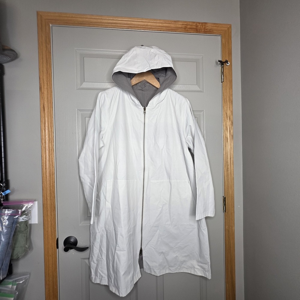 Eileen Fisher Reversible Hooded Rain Jacket Coat Womens Size XLarge Gray Cream